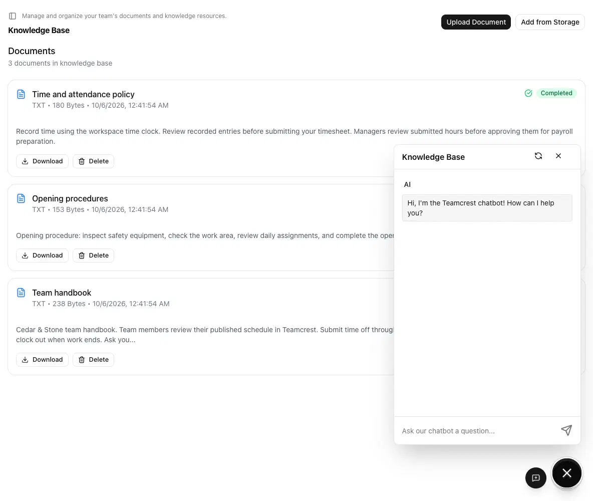 The knowledge assistant open in the team workspace.