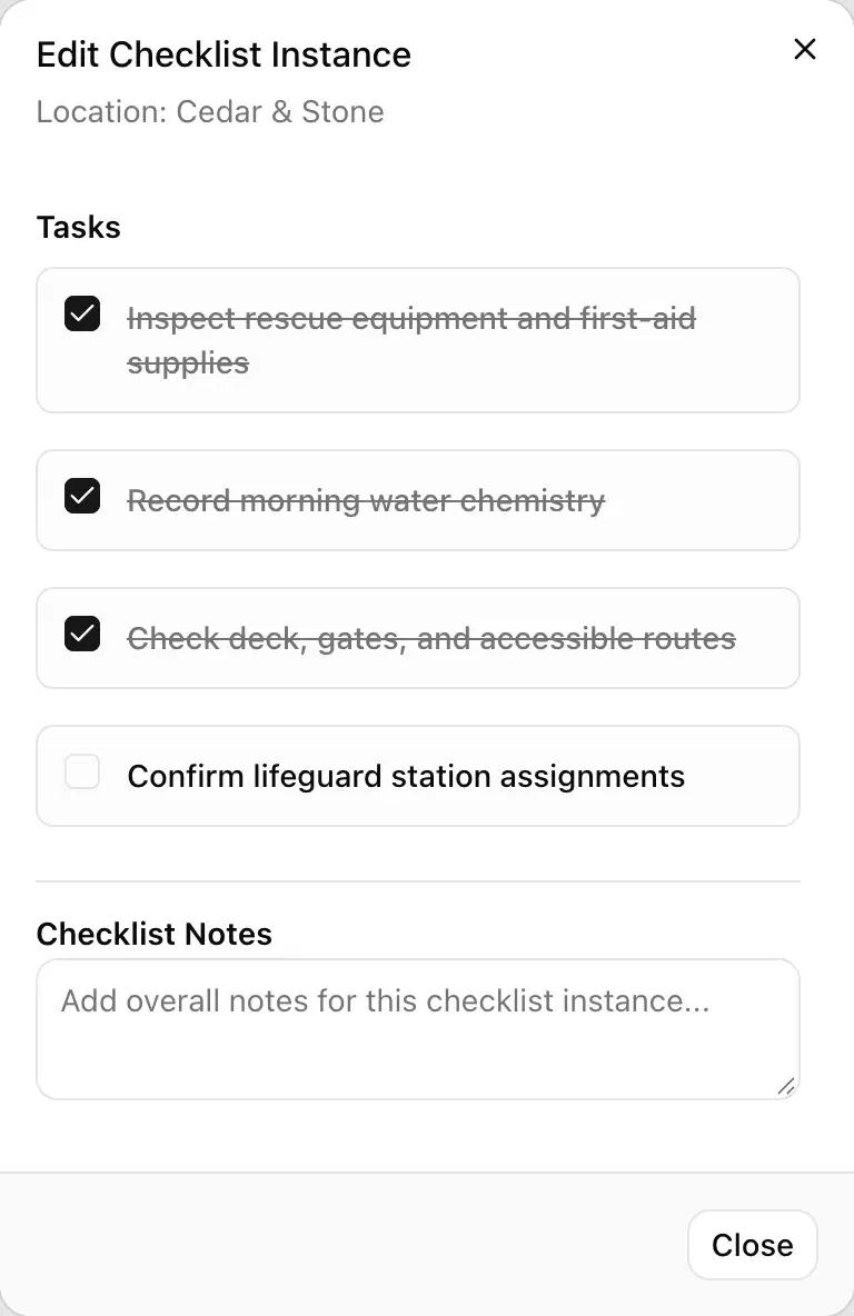 A checklist instance showing operational tasks and completion.