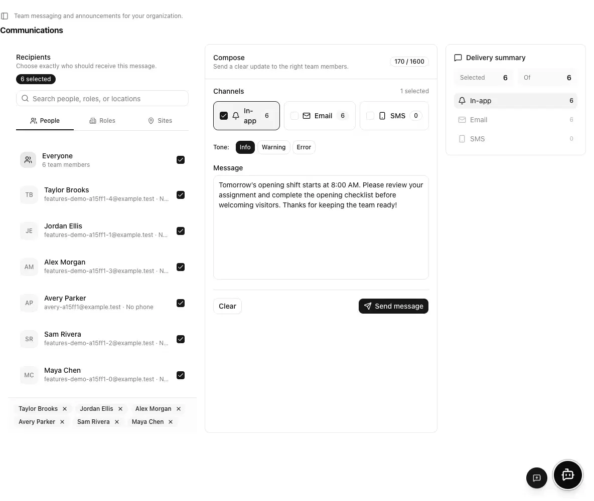 Audience targeting and channel choices for a team communication.