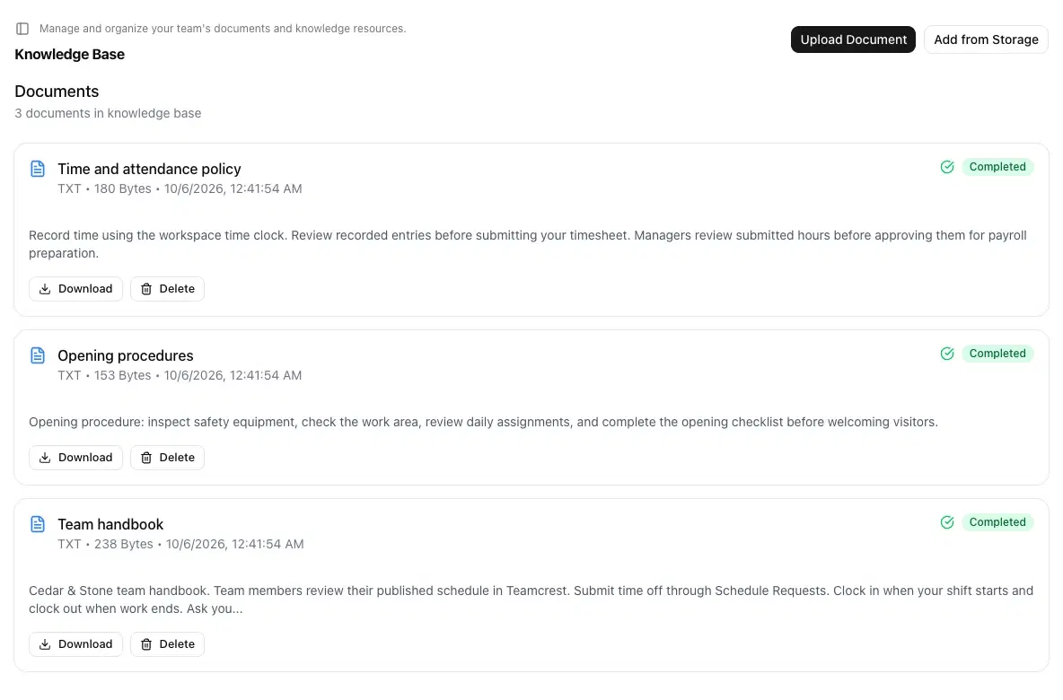 Company knowledge base with uploaded handbooks and procedures.