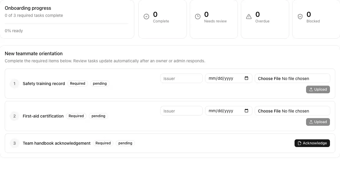 Assigned onboarding tasks and member completion progress.