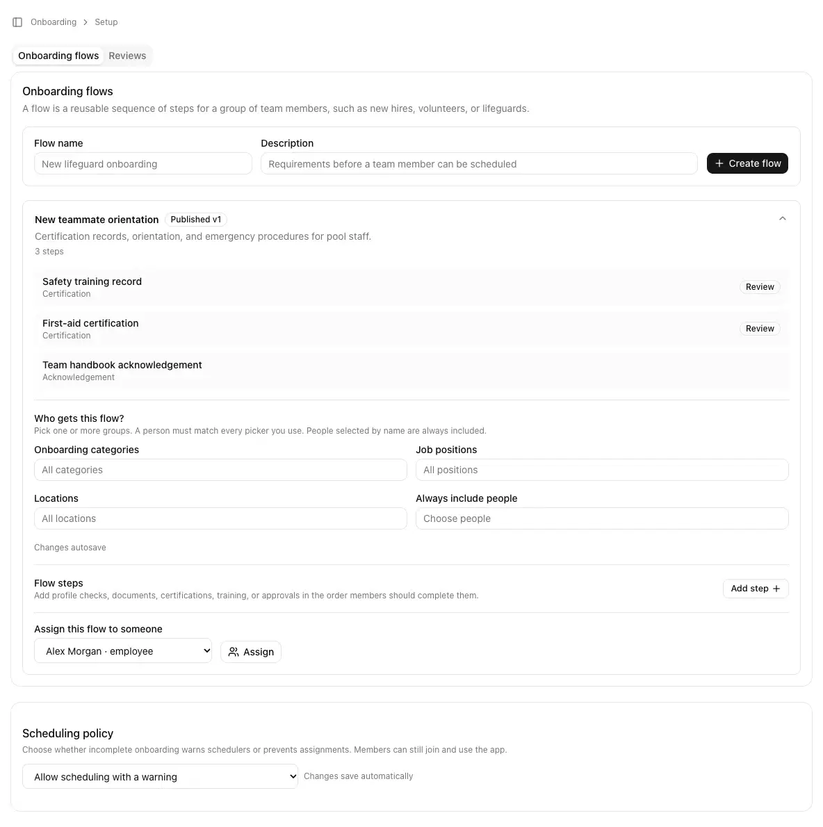 Onboarding setup showing reusable team readiness flows.