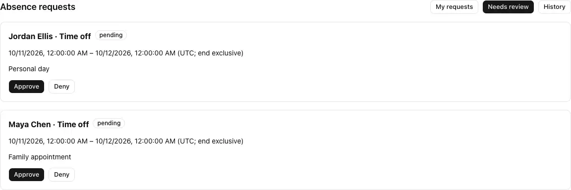 Schedule Requests with manager review and request status controls.