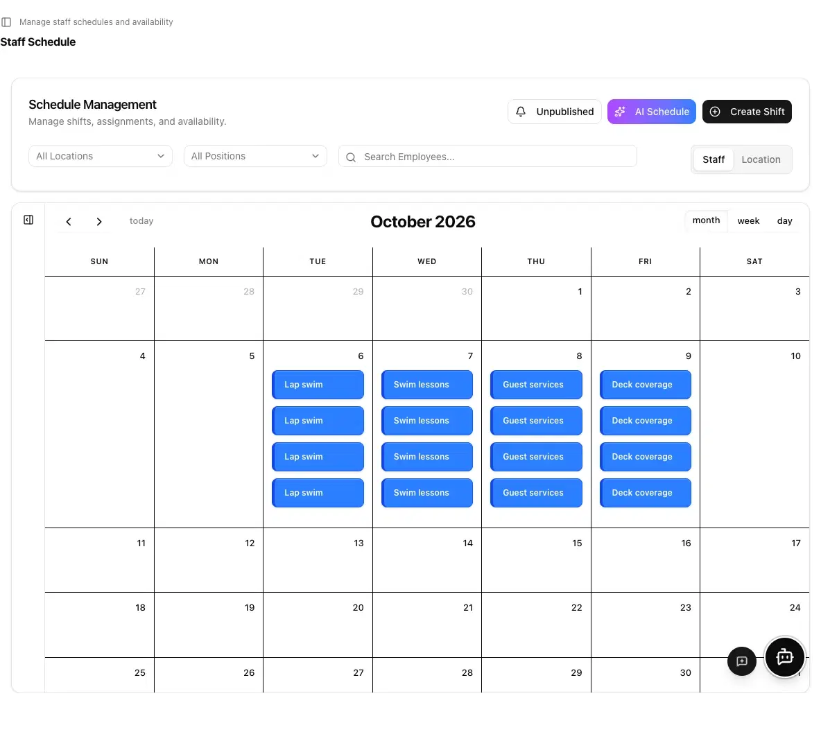 Team shifts organized in the schedule calendar.