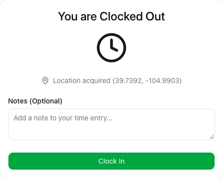 Employee time clock with clock-in and clock-out controls.