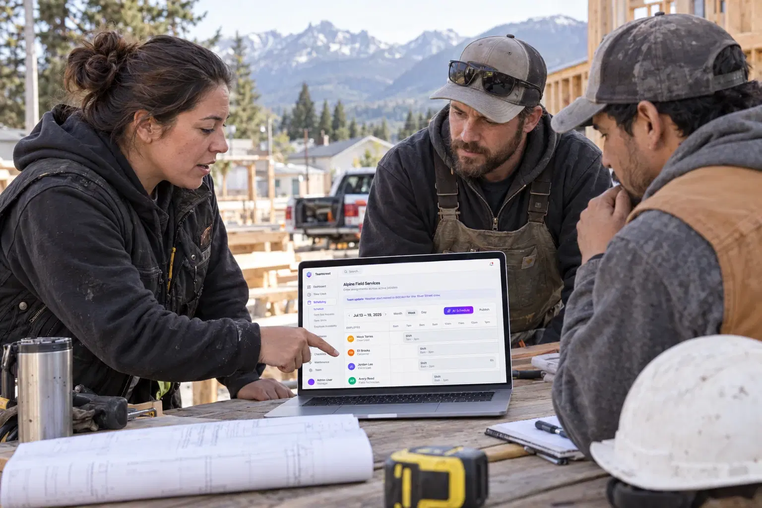 Illustrative field crew planning their work in Teamcrest on a laptop
