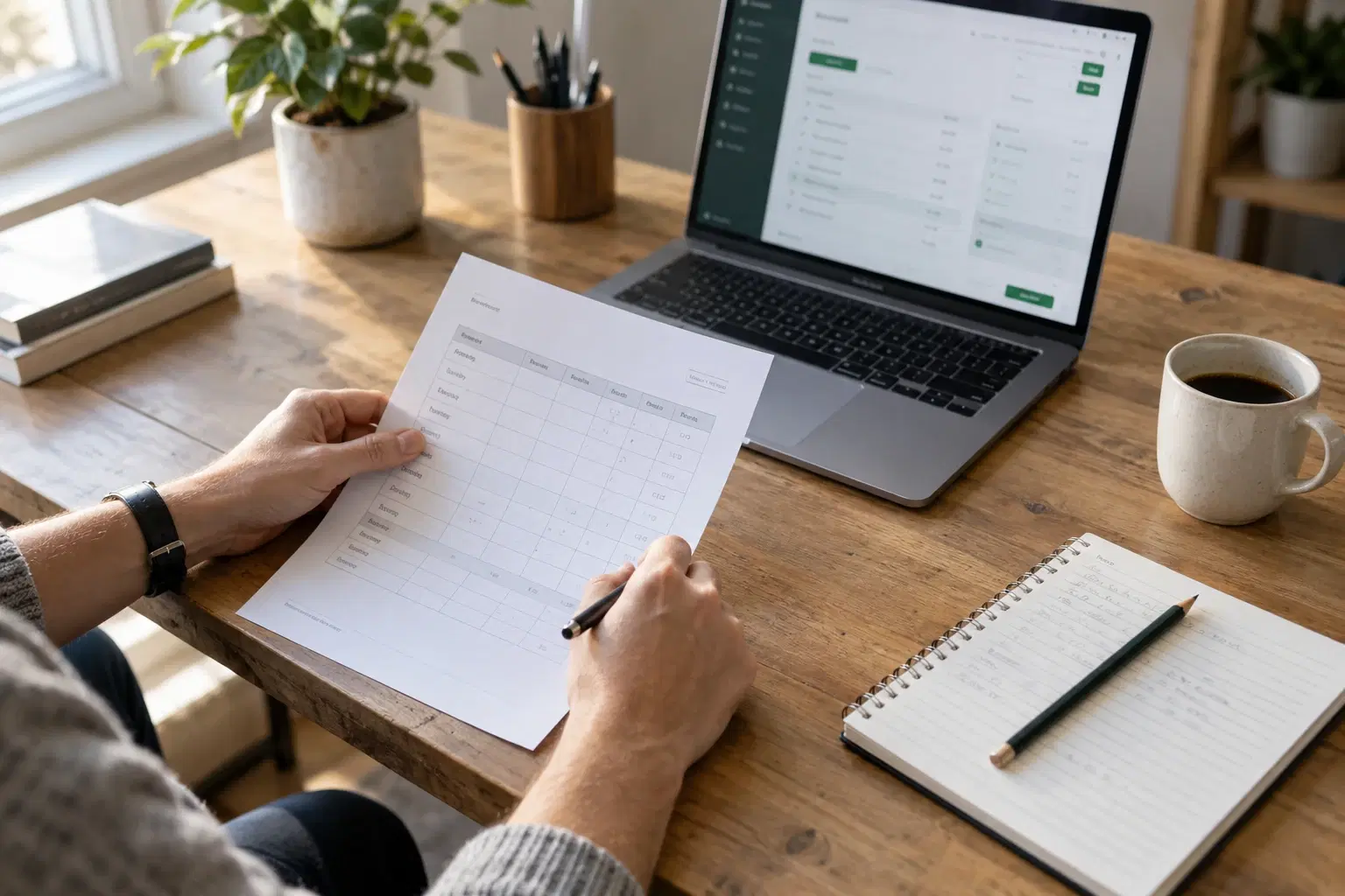 Bookkeeper reviewing a timesheet beside a laptop