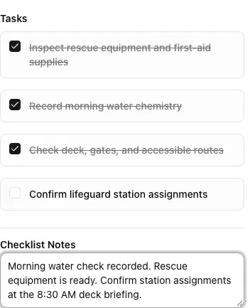 Teamcrest Pool opening checklist with rescue equipment, water chemistry, deck access, and lifeguard station assignment tasks.