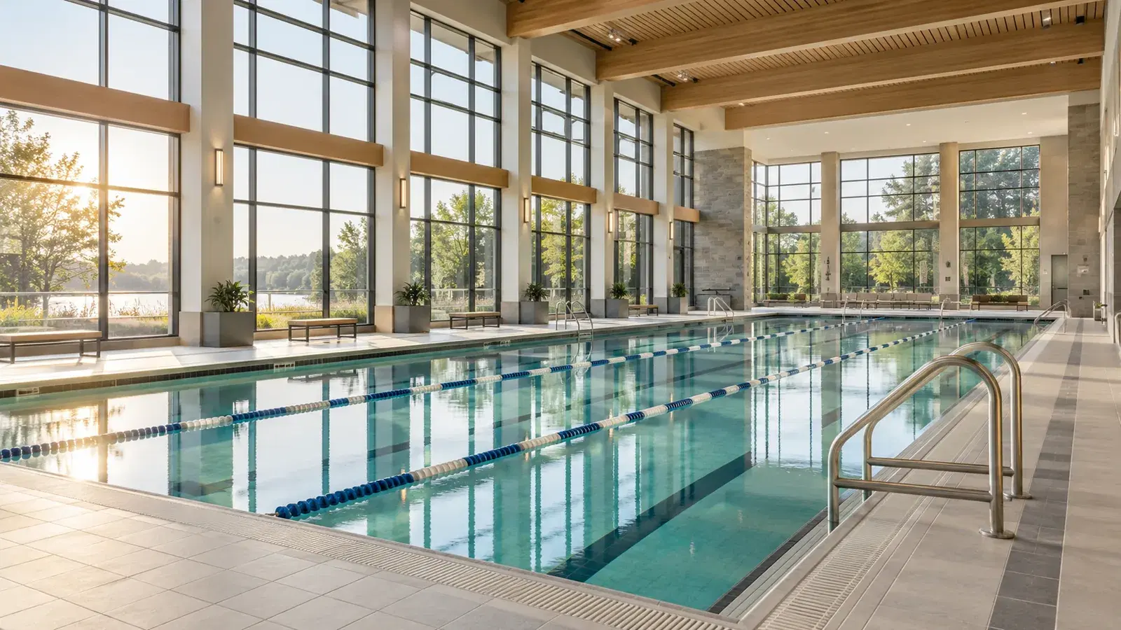 Illustrative indoor aquatic center with a lap pool, lane ropes, large windows, and warm neutral architecture.