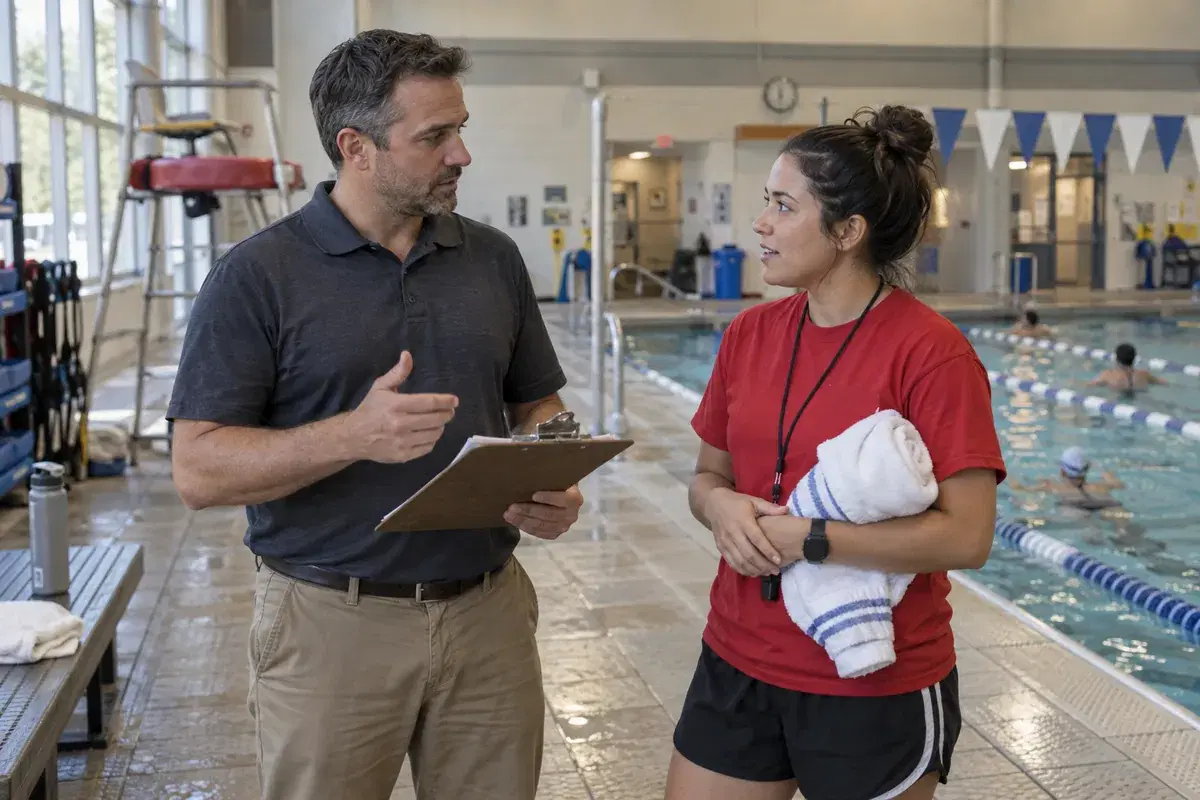 An aquatic facility manager talking with a lifeguard beside a community lap pool.