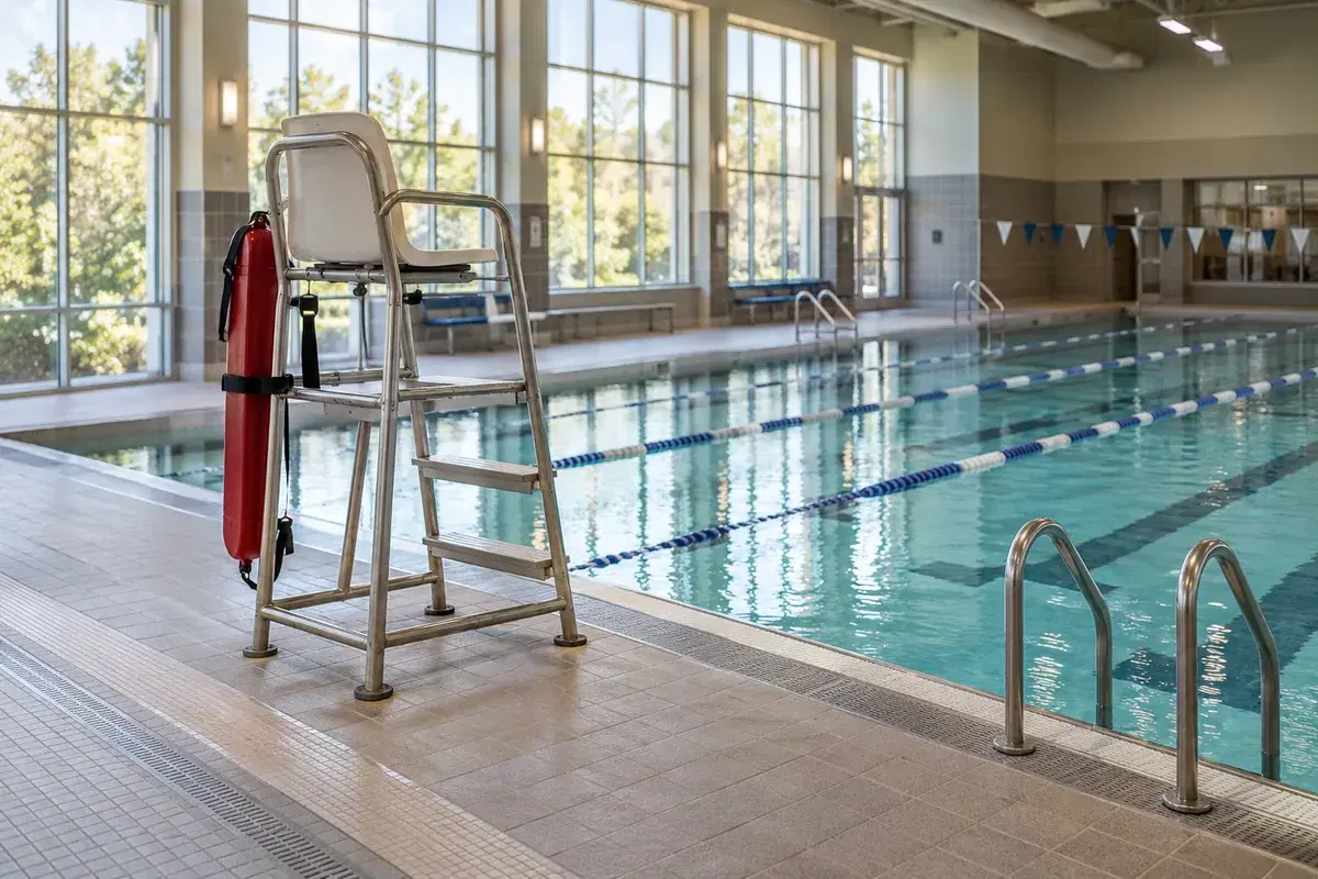 Illustrative pool deck with a lifeguard chair and rescue tube beside an indoor lap pool.