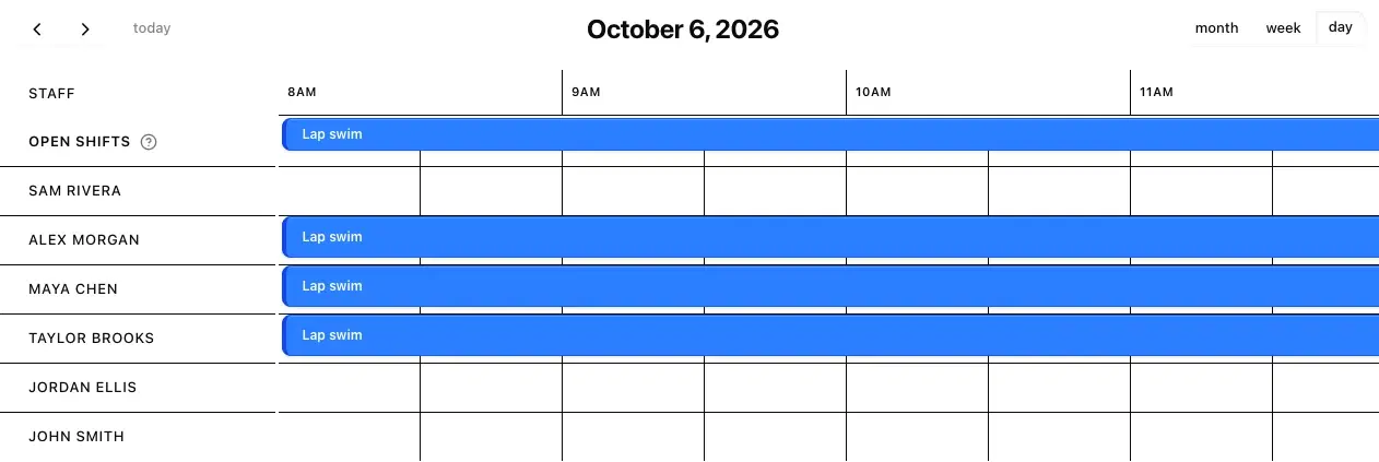 Teamcrest day schedule for the fictional Summit Aquatic Center, showing lap-swim staffing assignments and an open shift.