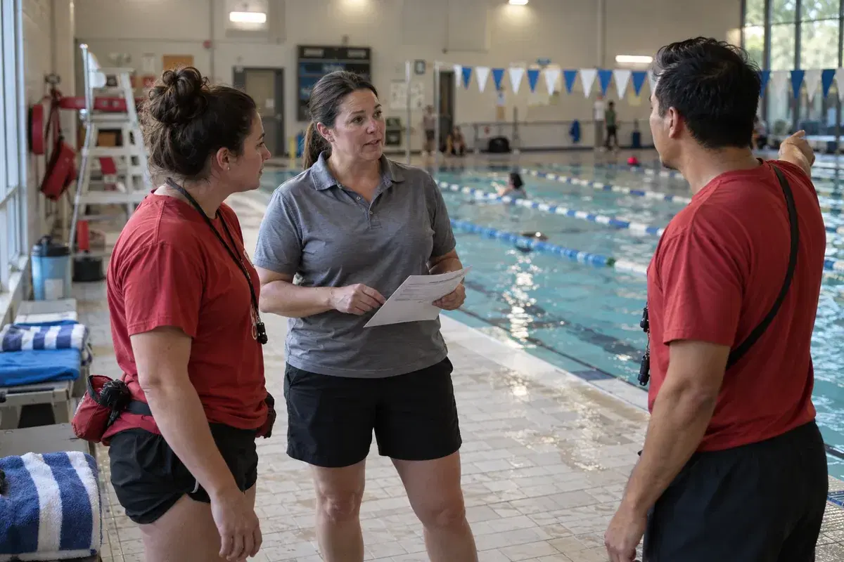 An aquatic shift manager and two lifeguards discussing their assignments on the pool deck.