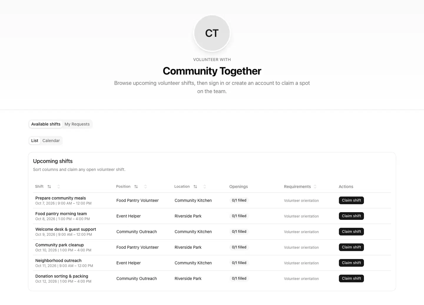 Teamcrest public volunteer board for the fictional Community Together organization, showing upcoming opportunities, roles, locations, prerequisites, and Claim shift buttons.