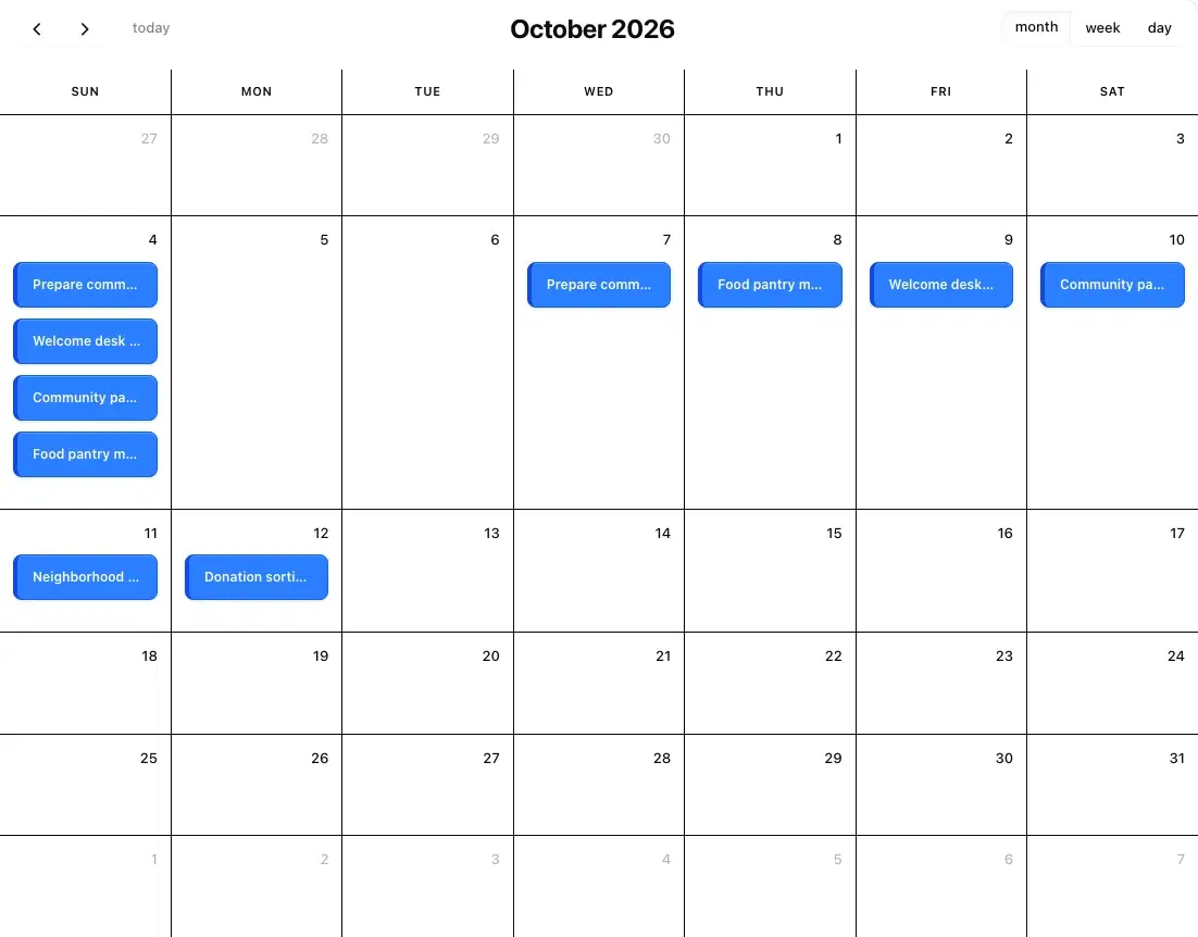 Teamcrest schedule for the fictional Community Together organization, showing volunteer assignments and open opportunities in a calendar.