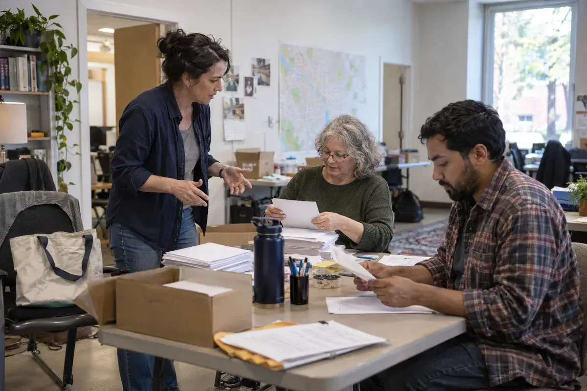 Campaign volunteers preparing handouts and shift assignments with a coordinator in a local organizing office.