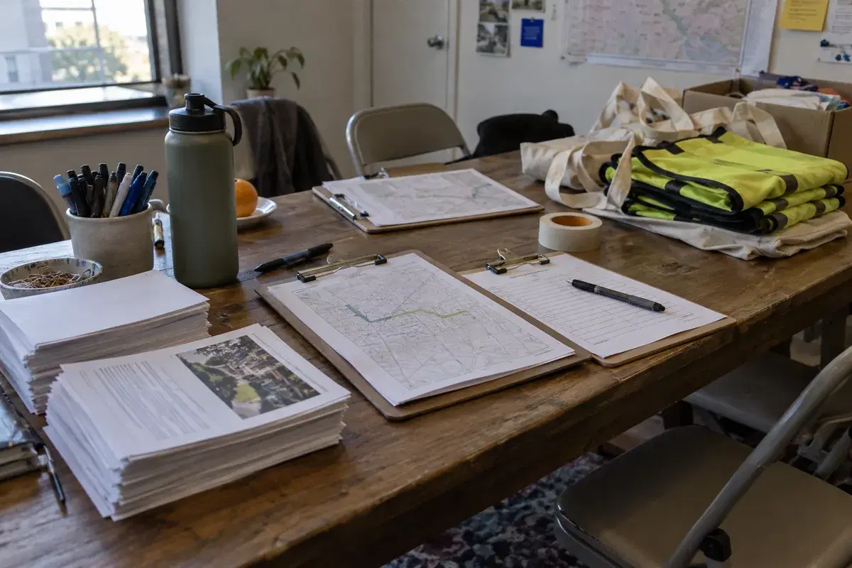 Clipboards, route maps, pens, handouts, and tote bags prepared for a campaign volunteer shift.